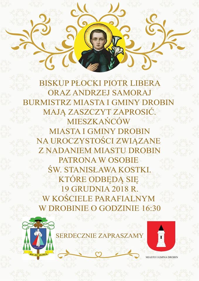 Plakat zaproszenie na uroczystości nadania patrona miastu Drobin.