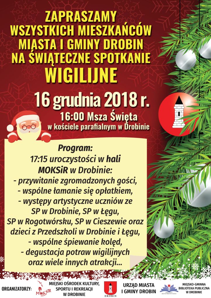 Plakat zapraszający na spotkanie Wigilijne 16 grudnia 2018.